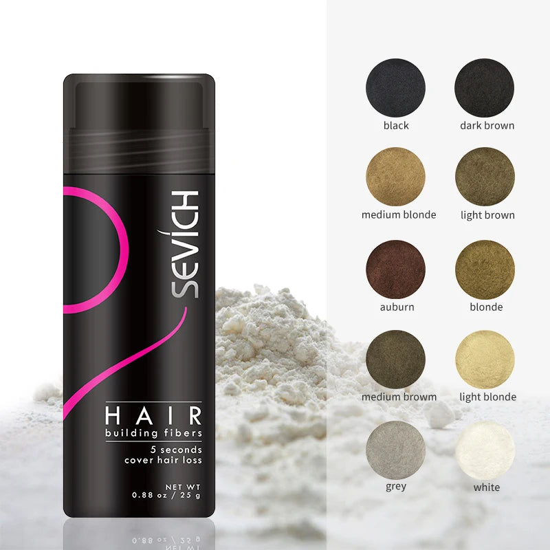 Sevich hair building fibers packaging with color swatches on a white background