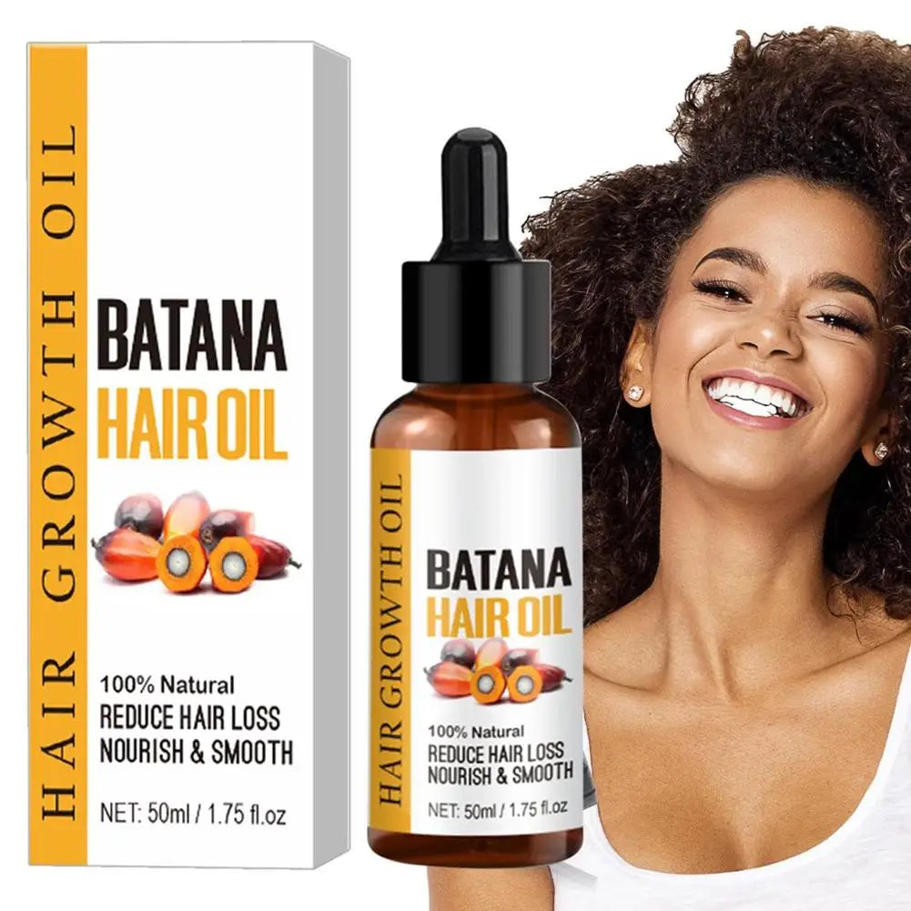 Batana Hair Oil packaging with a bottle and a woman with curly hair on a white background