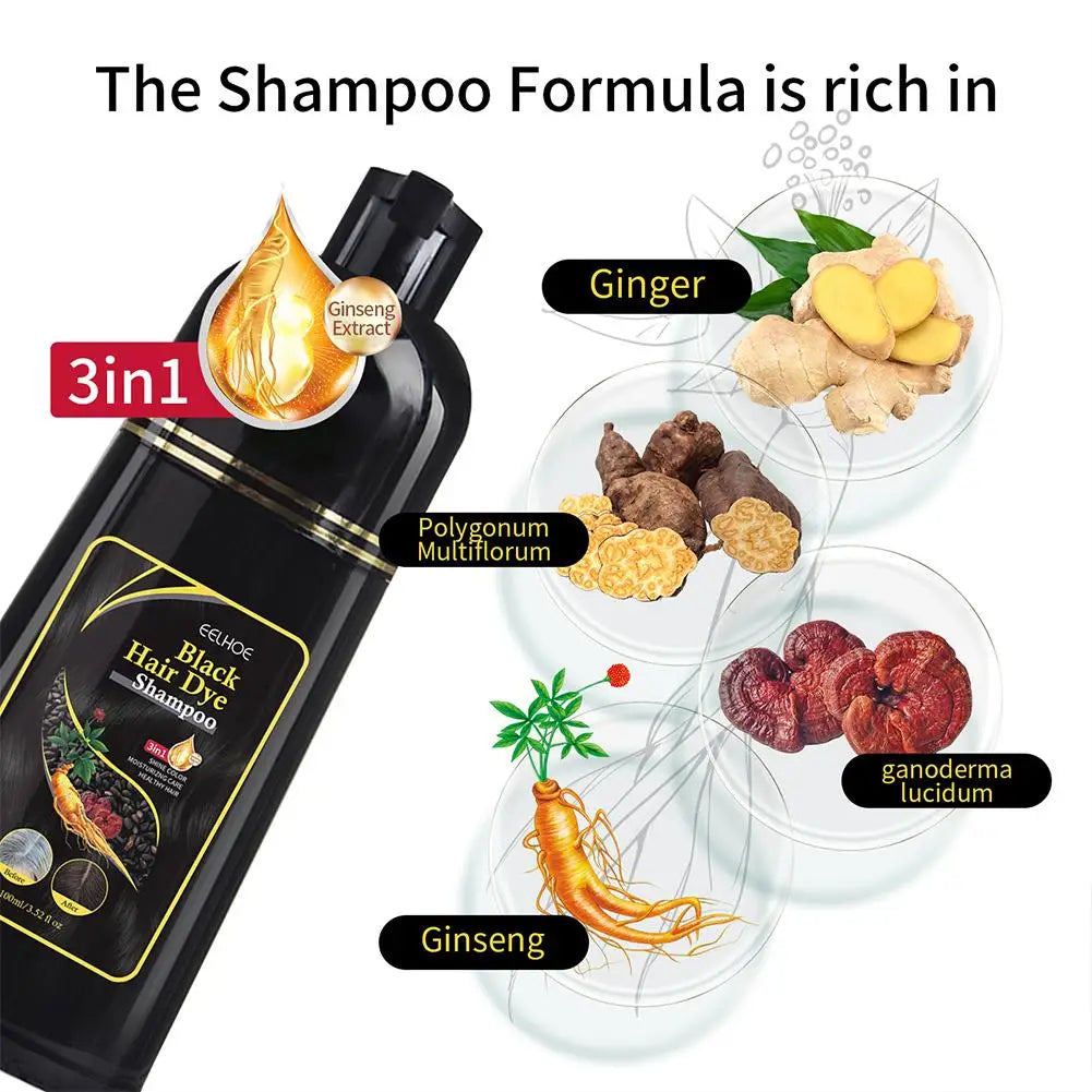 Black hair dye shampoo bottle with ingredients labeled on a white background
