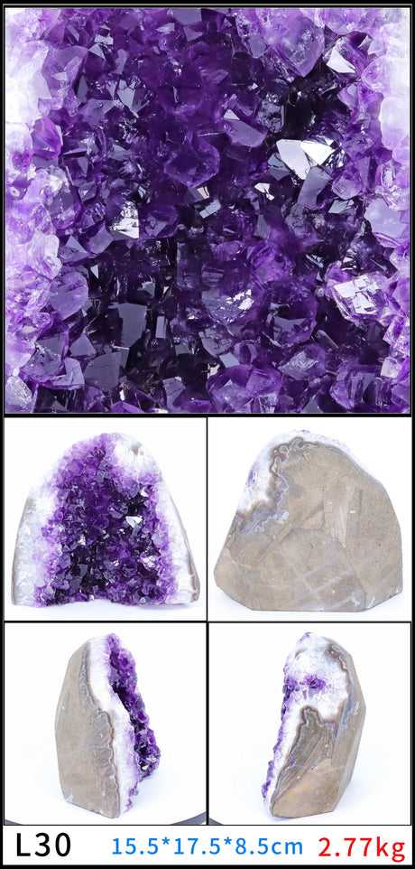 Amethyst geode with close-up details and multiple views on a white background