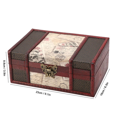 Wooden jewelry box with vintage design and dimensions on a white background