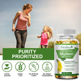 Woman and child running outdoors with a bottle of Mullein dietary supplement in the foreground.