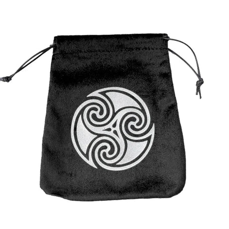 Black drawstring pouch with a white triskele symbol on a white background