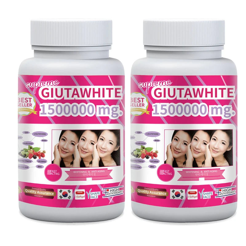 Two bottles of Glutawhite supplement with pink labels on a white background