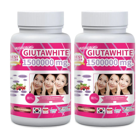 Two bottles of Glutawhite supplement with pink labels on a white background