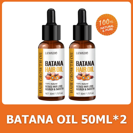 Two bottles of Lewedo Batana Hair Oil on an orange background with branding and product details.