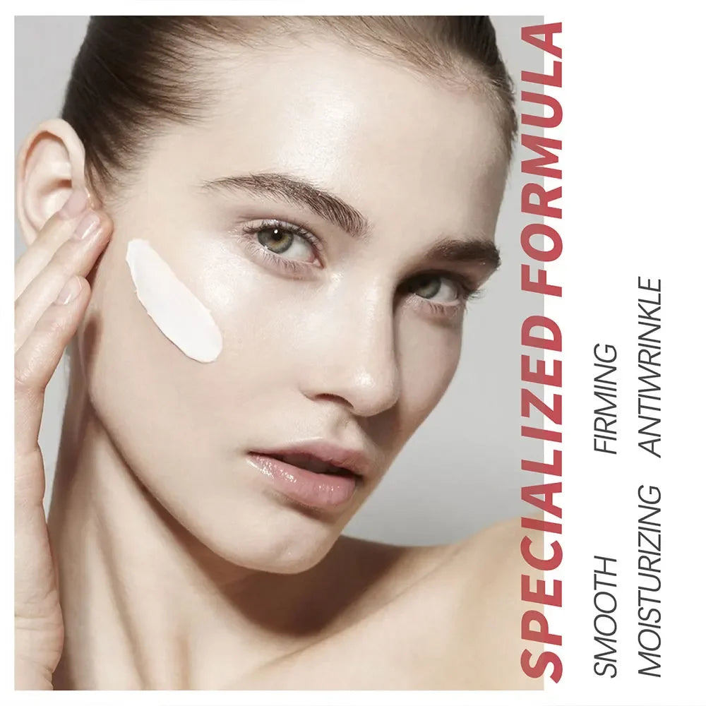 Woman applying skincare product with text on a gray background