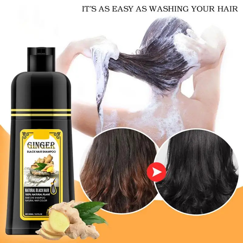 Ginger black hair shampoo bottle with a person washing hair, showing before and after results.
