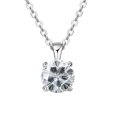 Silver necklace with a round diamond pendant on a white background