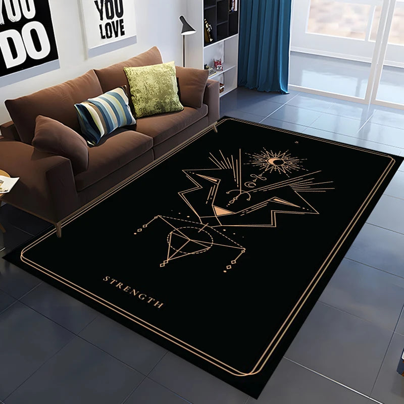 Black rug with astrological design in a living room setting