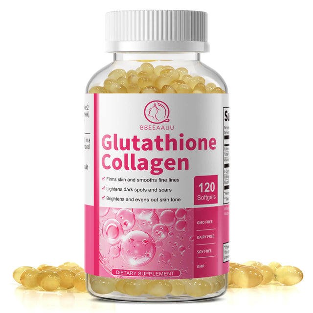 Bottle of Glutathione Collagen supplement with pink label on a white background