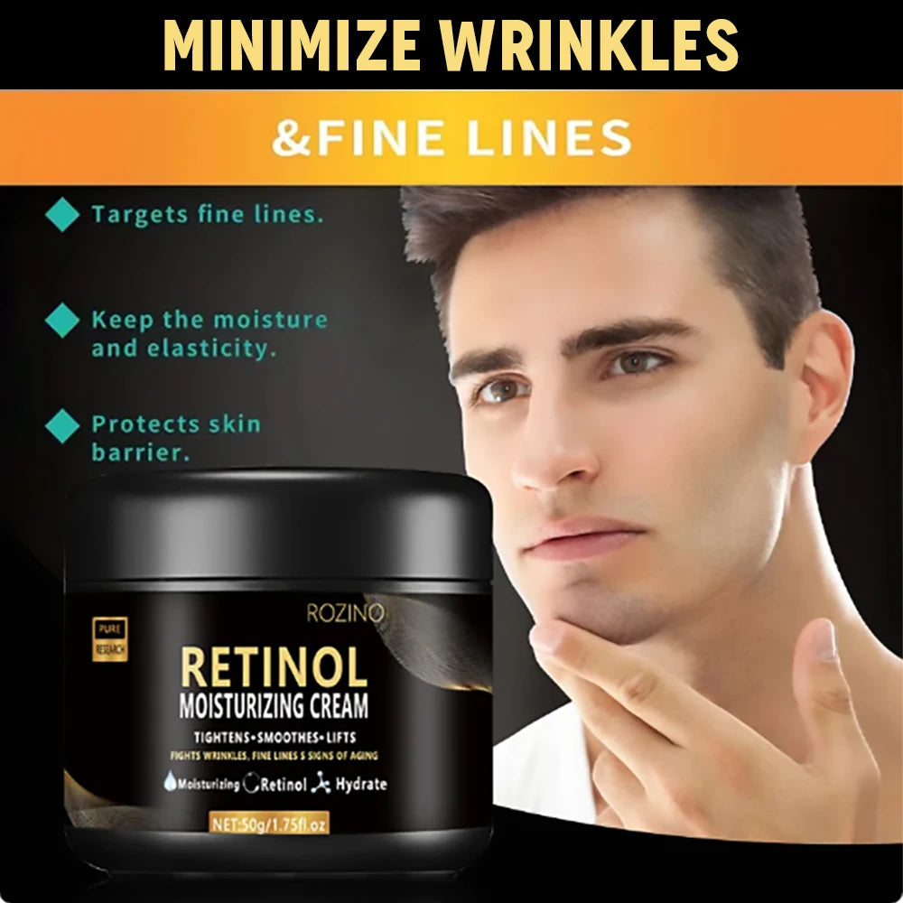 Rozino Retinol Moisturizing Cream jar with a man's face showing benefits on a black background
