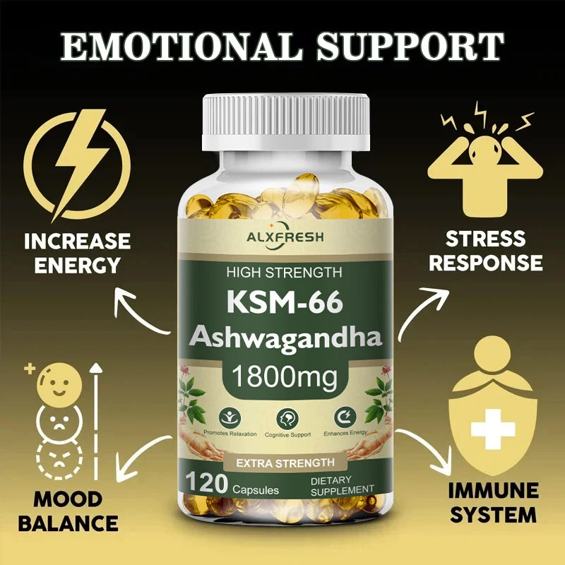 Bottle of KSM-66 Ashwagandha supplement with labeled benefits on a dark background