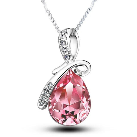 Pink teardrop pendant necklace with silver chain on a white background, featuring the brand 'Giemi'.