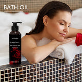 Woman relaxing in a bathtub with a bottle of Castineira Bath Oil.