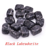 Collection of black labradorite stones on a white background with 'Black Labradorite' text.