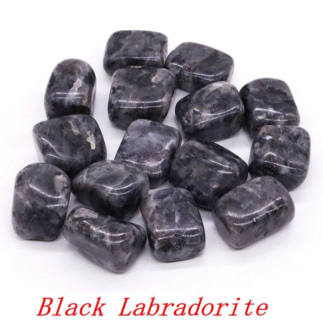 Collection of black labradorite stones on a white background with 'Black Labradorite' text.