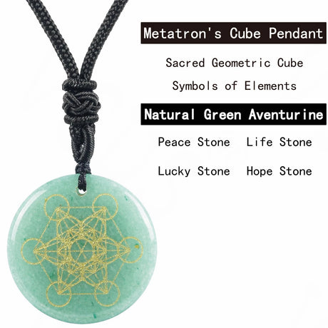 Green aventurine Metatron's Cube pendant on a black cord with text about its properties.