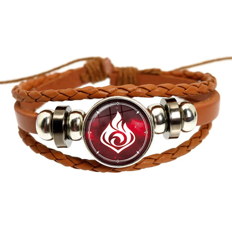Brown braided leather bracelet with a red and silver emblem on a white background