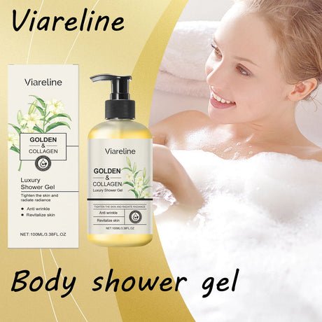 Viareline Golden & Collagen Luxury Shower Gel with a woman in a bathtub on a yellow background