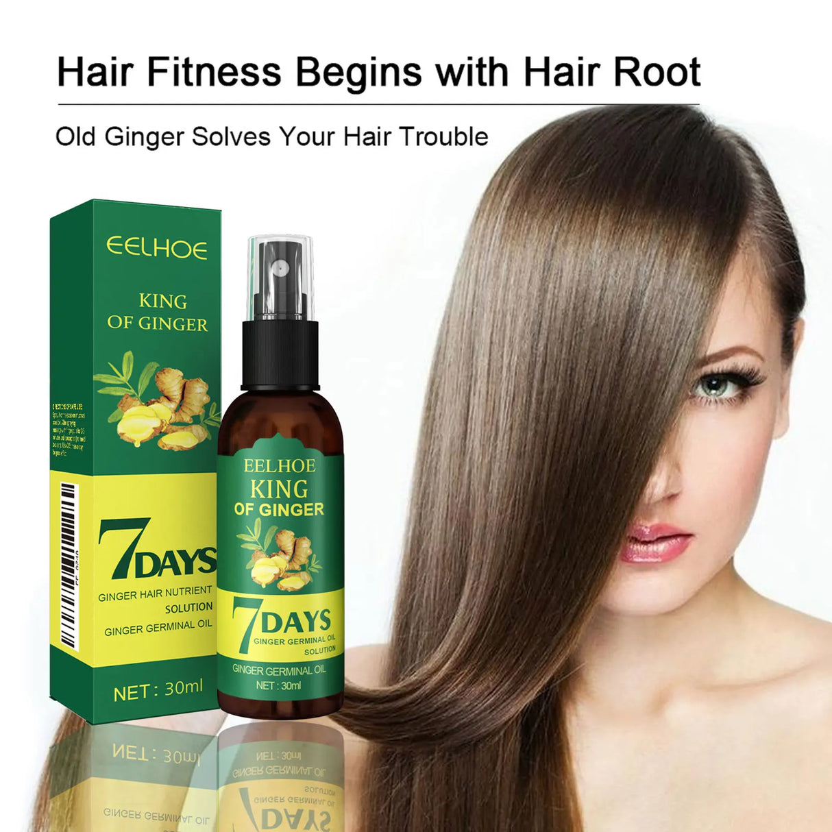 Eelhoe King of Ginger hair care product with a woman displaying long hair on a white background