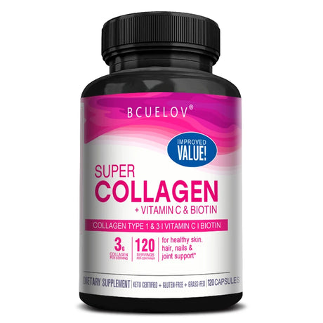 Supplement bottle labeled 'Super Collagen + Vitamin C & Biotin' by BCuelov on a white background
