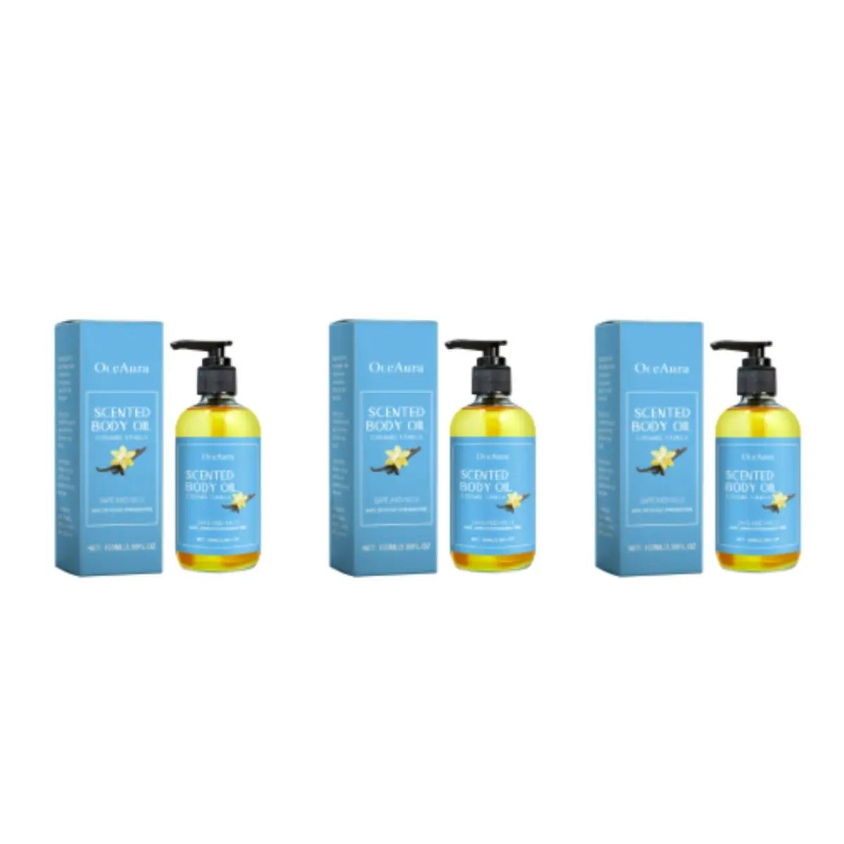 Set of scented body oil bottles and boxes on a white background