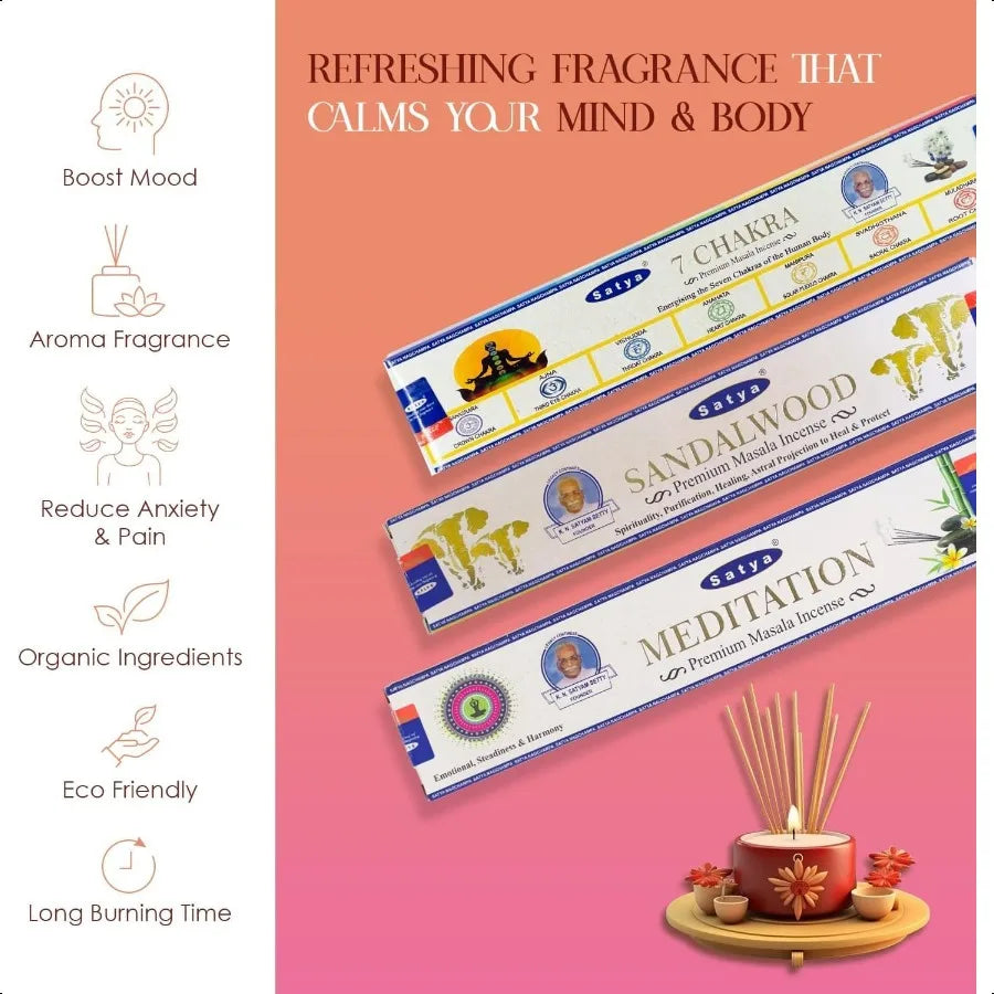 Incense sticks packaging with '7 Chakra', 'Sandalwood', and 'Meditation' labels on a pink background.