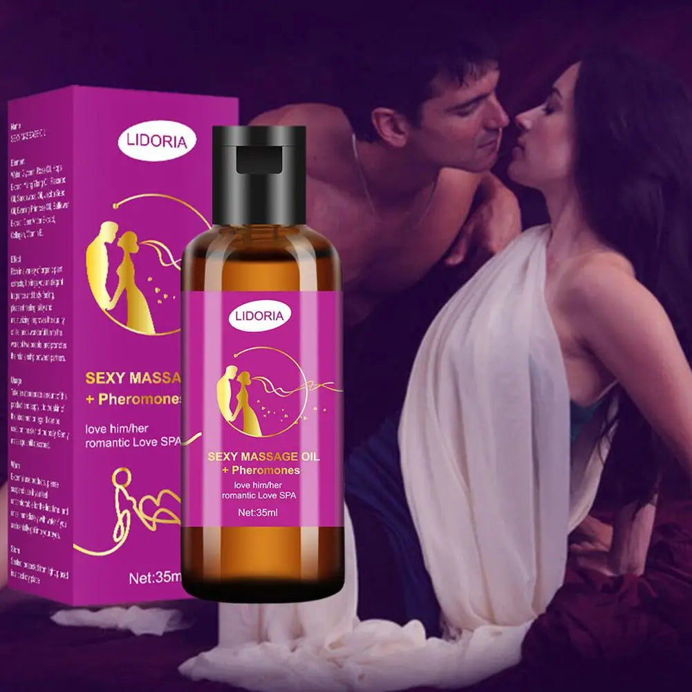 Lidoria Sexy Massage Oil with packaging against a romantic background