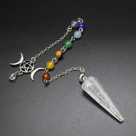 Crystal pendulum with colorful beads on a dark background
