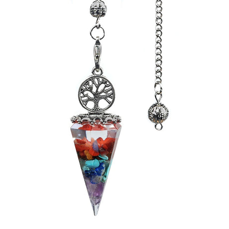 Pendulum with colorful stones and tree of life design on a white background