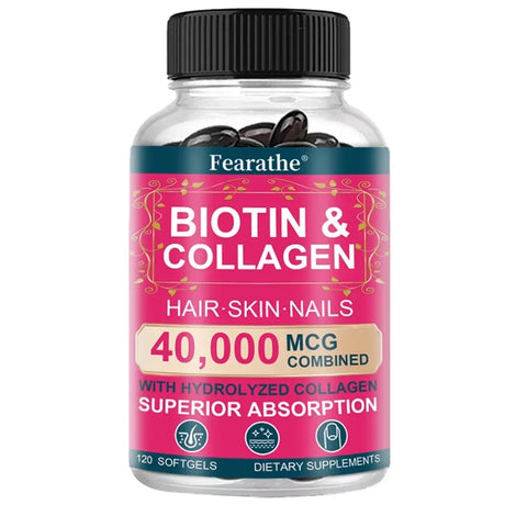 Supplement bottle labeled 'Biotin & Collagen' with pink label on a white background