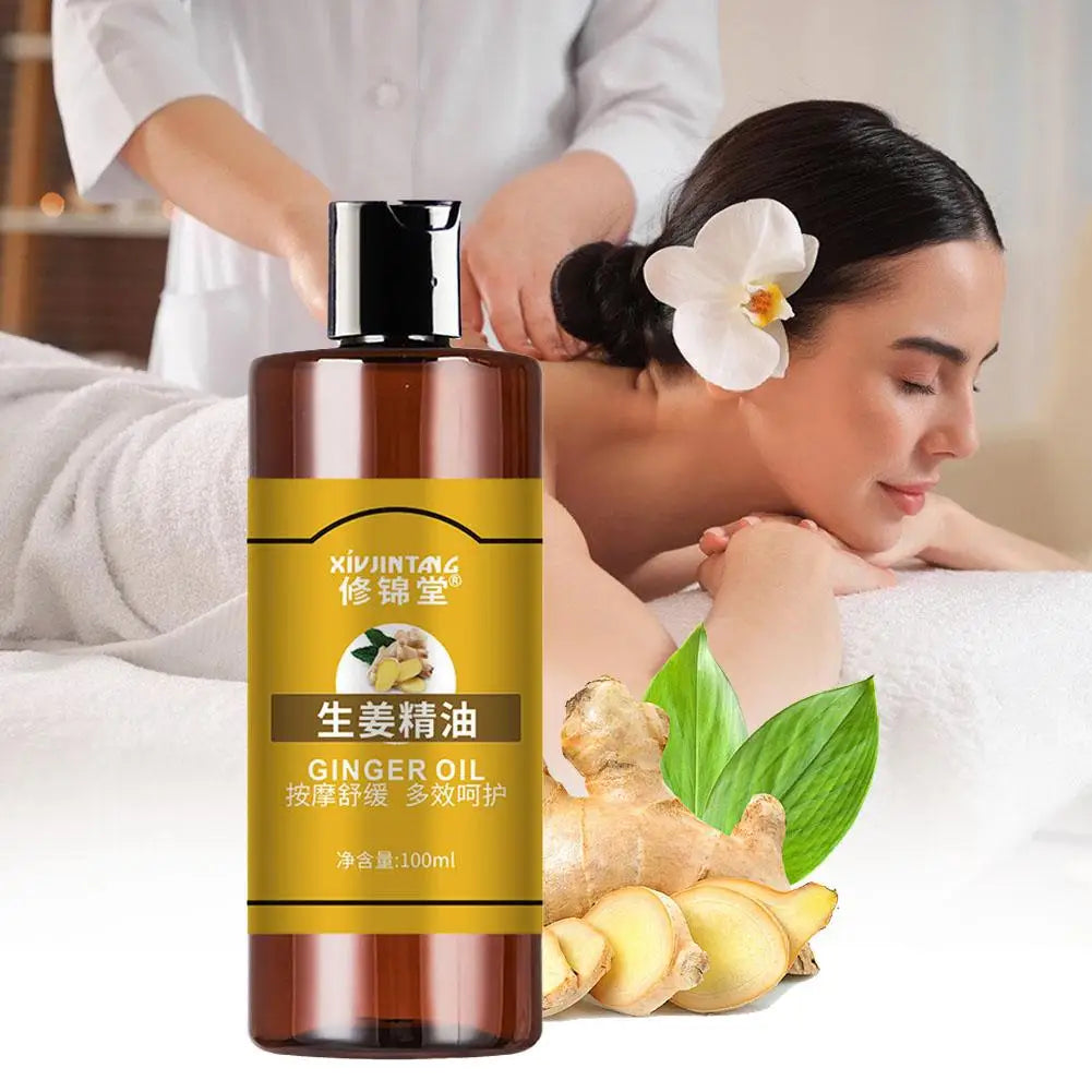 Bottle of ginger oil with a woman receiving a massage and ginger roots and leaves on a white background
