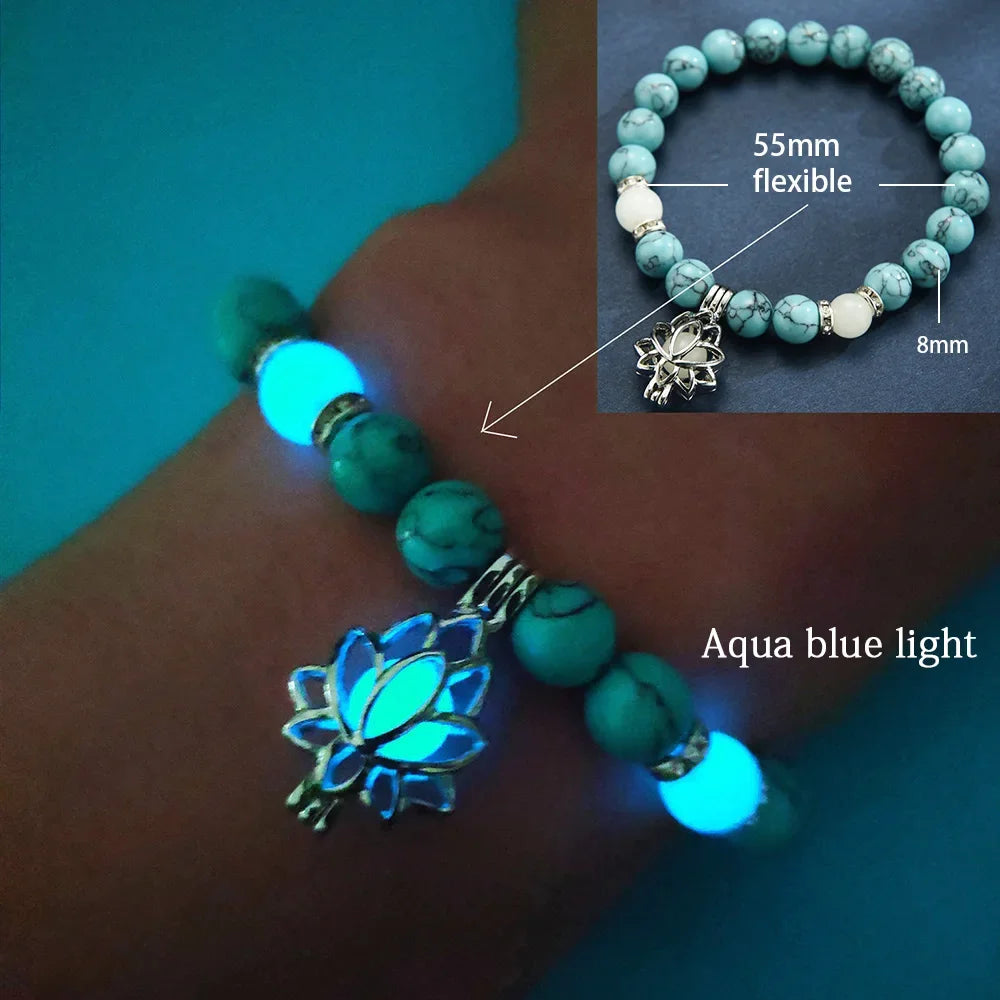 Turquoise beaded bracelet with glowing flower charm on a wrist, close-up inset showing dimensions.