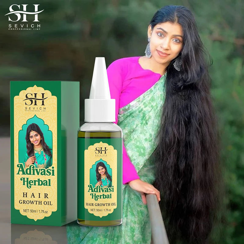 SH Sevich Adivasi Herbal Hair Growth Oil with a woman holding a bottle against a blurred green background