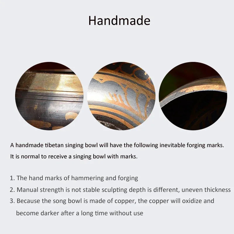 Three circular images of a handmade Tibetan singing bowl with text explaining forging marks.