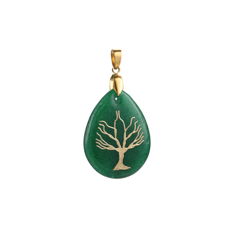 Green teardrop pendant with gold tree design on a white background