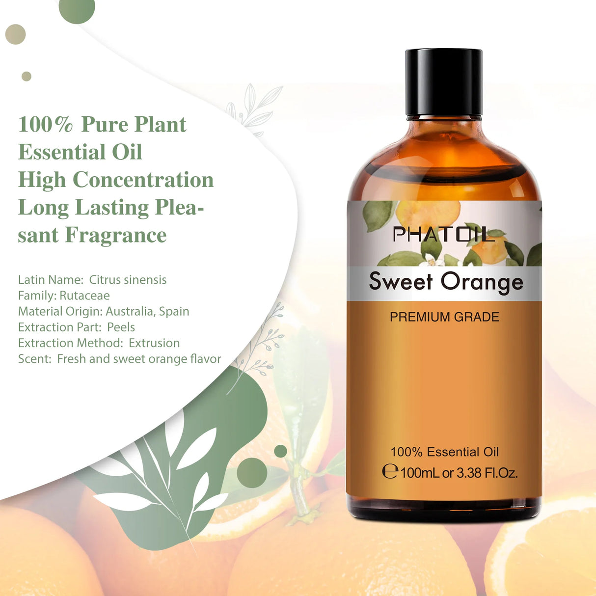 Bottle of PhatOil Sweet Orange essential oil with product details on a white background