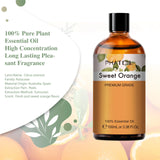 Bottle of PhatOil Sweet Orange essential oil with product details on a white background