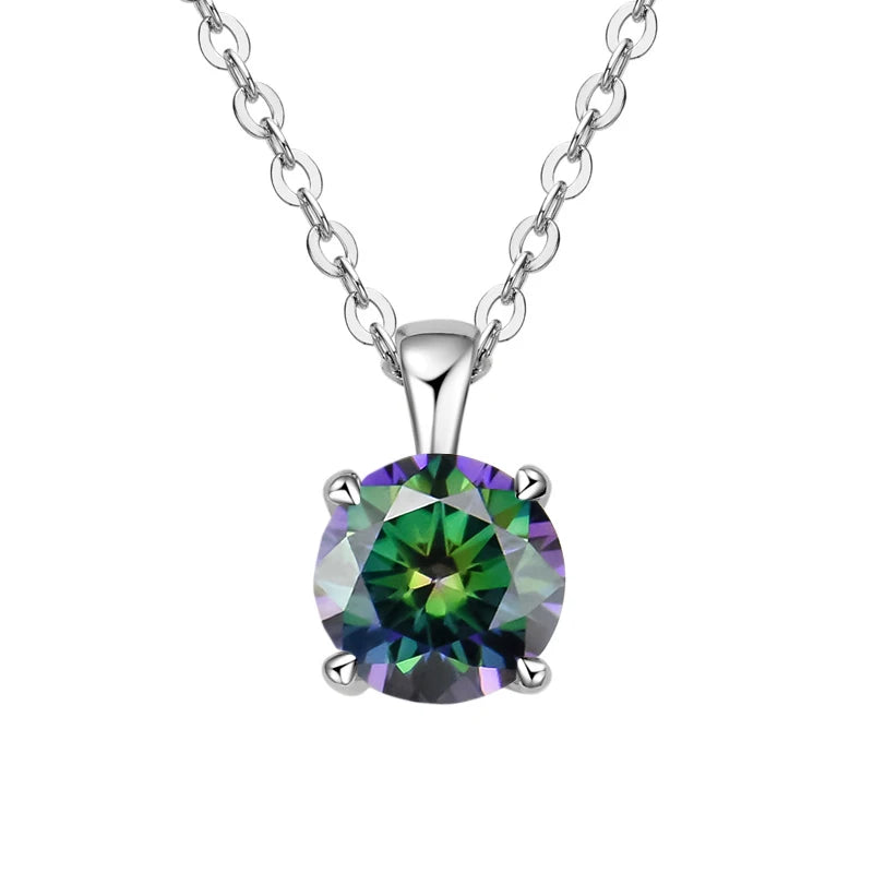 Necklace with a round green gemstone pendant on a white background