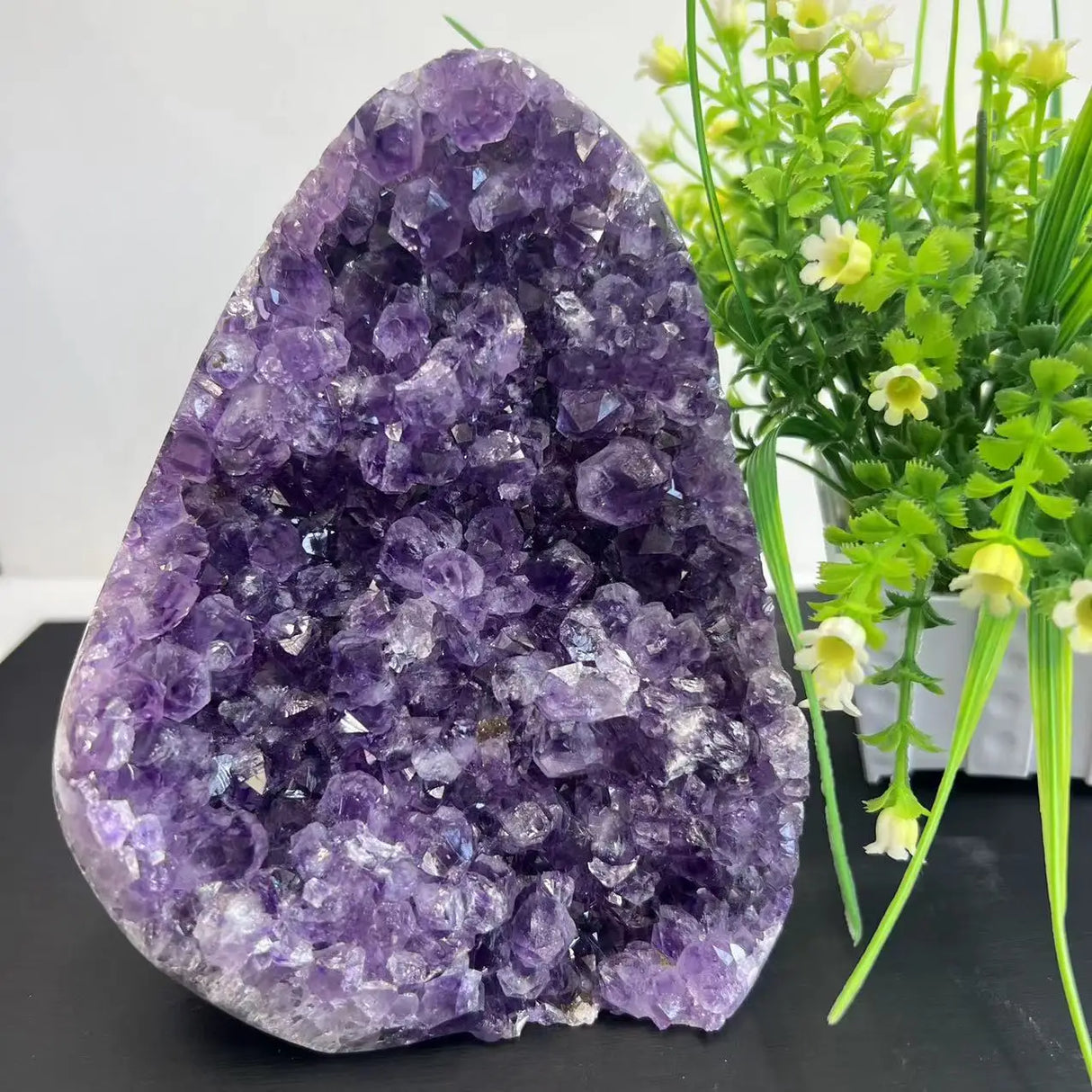 Amethyst crystal formation with green plants in the background