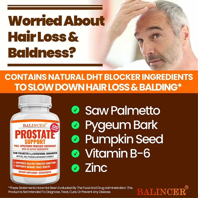 Advertisement for Balincer Prostate Support supplement with a man concerned about hair loss on a brown background.