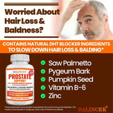 Advertisement for Balincer Prostate Support supplement with a man concerned about hair loss on a brown background.