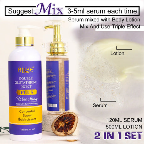 Bleaching serum and lotion set with text on bottle labels and product details.