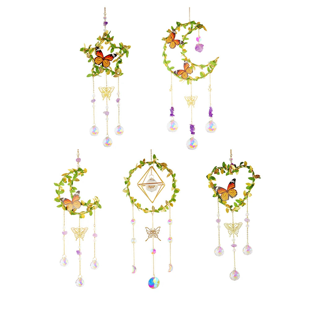 Set of decorative wind chimes with butterflies and floral designs on a white background