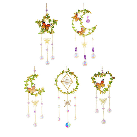 Set of decorative wind chimes with butterflies and floral designs on a white background