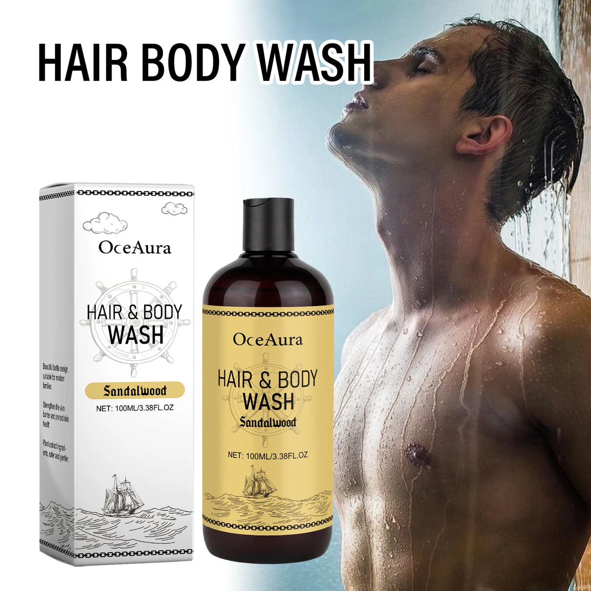 OceAura Hair & Body Wash with packaging and a person showering.