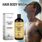 OceAura Hair & Body Wash with packaging and a person showering.