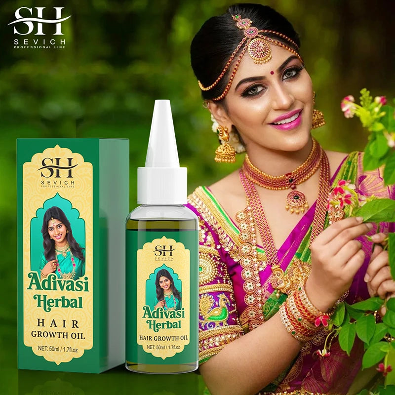 SH Sevich Adivasi Herbal Hair Growth Oil with packaging and a woman in traditional attire holding flowers.