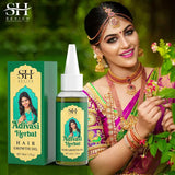 SH Sevich Adivasi Herbal Hair Growth Oil with packaging and a woman in traditional attire holding flowers.